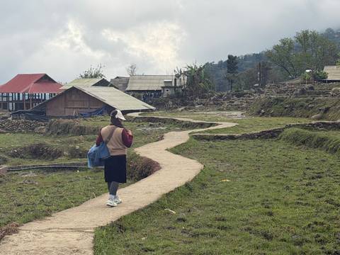       A lone trekker walks along a winding dirt path through terraced fields toward rustic wooden houses in the Sapa highlands
  