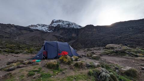       A dark blue expedition tent sits on a rocky alpine campsite beneath Kilimanjaro’s snow-topped peak at muted daylight.
  