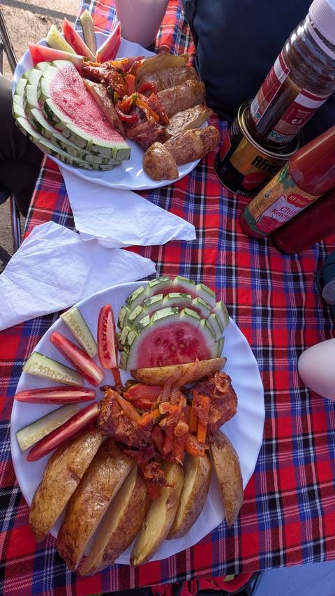       Close-up of a colorful camp meal featuring watermelon slices, cucumber, and grilled food on a plaid cloth.
  