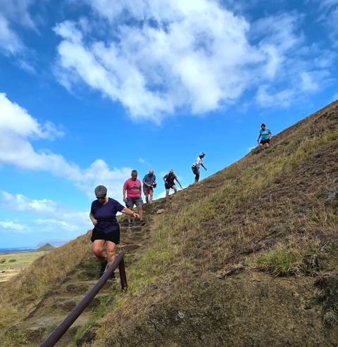       Hikers descending a grassy volcanic slope under bright blue sky on Easter Island.
  