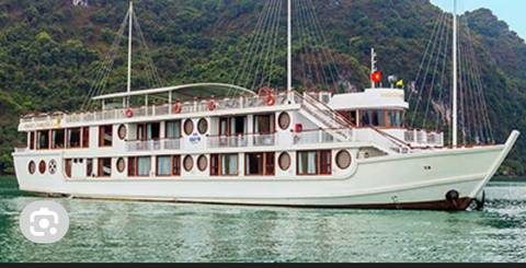       White multi-deck cruise boat anchored near a lush limestone island.
  