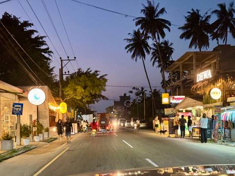       Dusk street scene lined with small shops, tuk-tuks, pedestrians and palm silhouettes in a Sri Lankan coastal town.
  