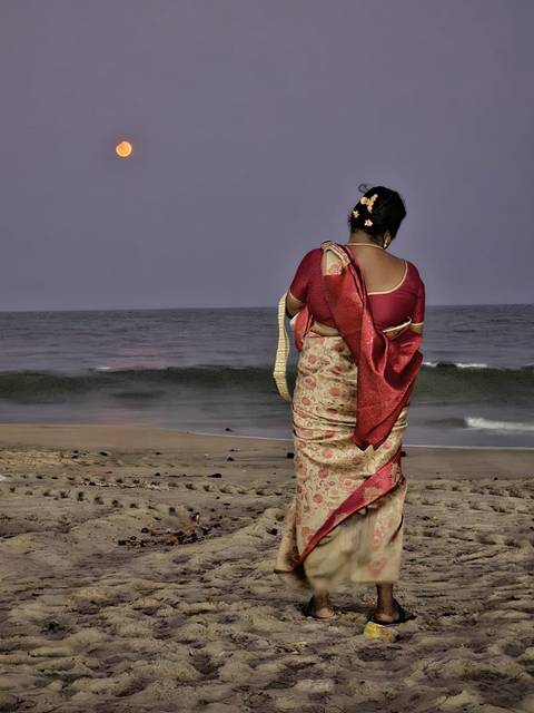       Woman in ornate sari gazes at the sea from a quiet beach at twilight.
  