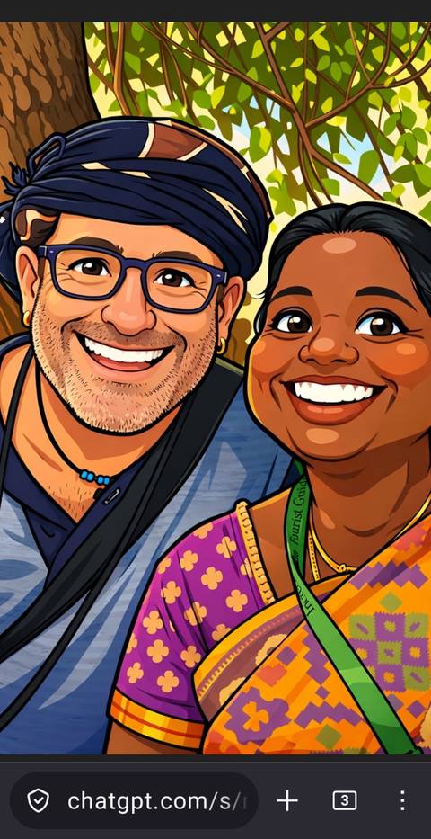       Bright cartoon illustration of two smiling characters resembling travellers wearing badges.
  