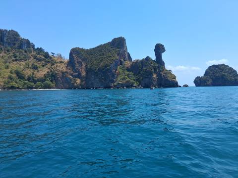       Blue sea with dramatic Chicken Island rock formation and forested cliffs under bright sky.
  