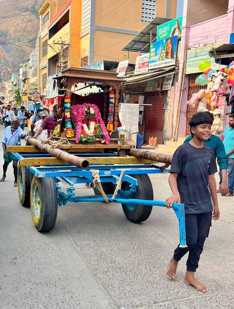       Street procession with decorated cart carrying a flower-adorned deity, teenage boy pulling in front.
  