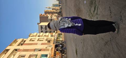       A traveller in a purple jacket and keffiyeh looks down a sunlit Egyptian street lined with low buildings.
  