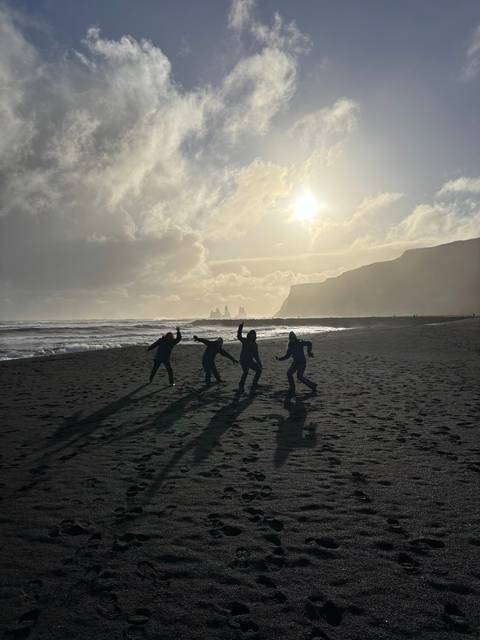       Four friends strike playful poses on a black-sand beach with sea stacks and sunlit clouds behind.
  