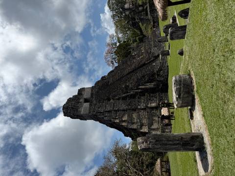       Tall temple pyramid amidst jungle clearing at Tikal with visitors exploring
  