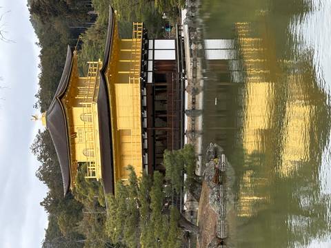       Golden Pavilion (Kinkaku-ji) reflects in a tranquil pond surrounded by pine trees and forested hills.
  