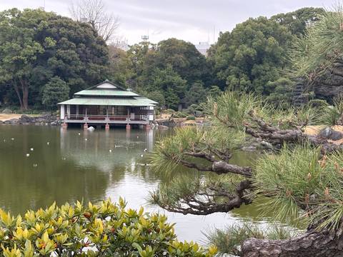       Traditional tea house on stilts sits over a reflective pond framed by manicured pines in a Japanese garden.
  