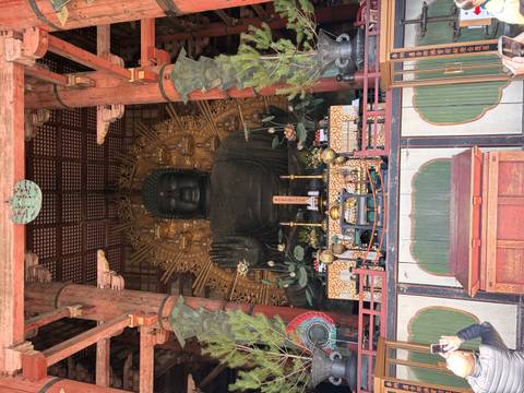       Massive seated Great Buddha statue surrounded by intricate golden halo inside Todai-ji temple hall.
  