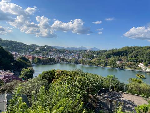       Scenic view over a tree-lined lake surrounded by a hillside city and distant mountains under a clear blue sky
  