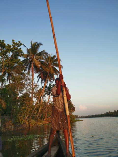       Boatman poles a wooden craft along palm-lined backwaters at golden hour.
  