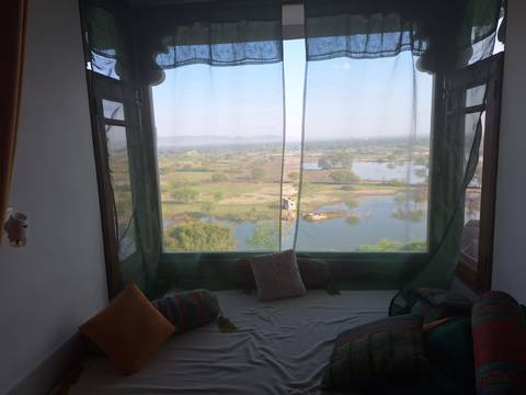       Cozy interior daybed framing marshland and ponds through gauzy green curtains
  