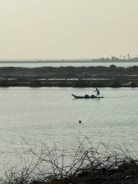       Silhouetted lone paddler rows traditional long canoe across calm backwater at dusk
  