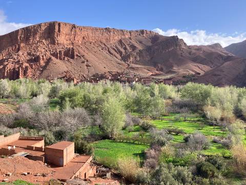       Green fertile valley bordered by dramatic red cliffs and scattered village houses in Morocco.
  