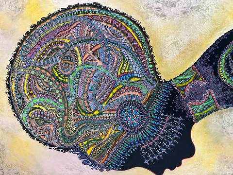       Close-up of a colorful abstract painting filled with intricate patterns.
  