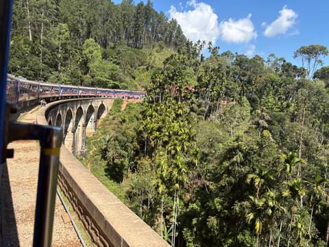       Long blue train curving across the famous Nine-Arch Bridge amid lush forest
  