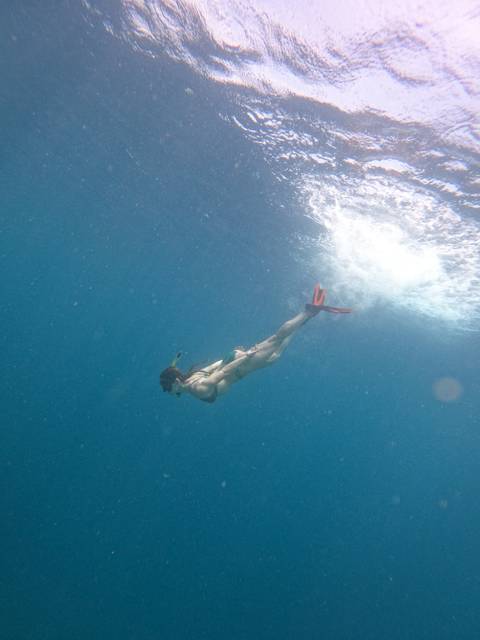       Free diver with fins glides underwater leaving a trail of bubbles in open blue sea.
  
