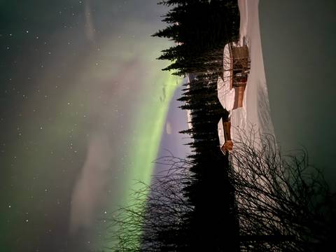       Green aurora arching over snowy cabins framed by trees at night
  
