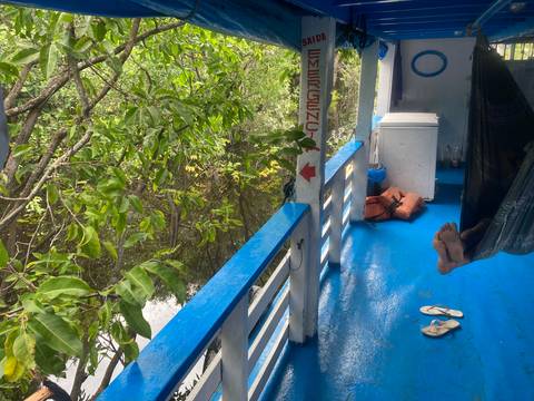       Feet in hammock on blue-decked riverboat surrounded by lush flooded forest
  