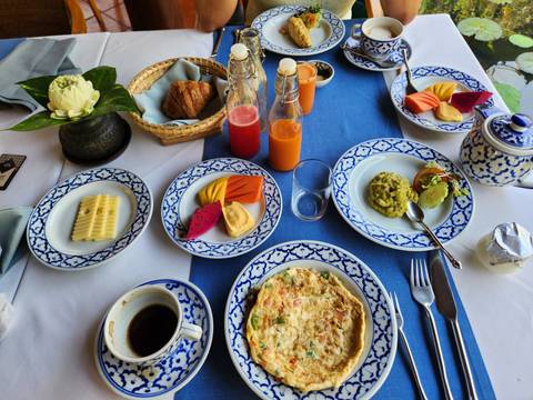       Elegant breakfast spread with tropical fruit, fresh juice and omelette on blue-and-white patterned crockery
  