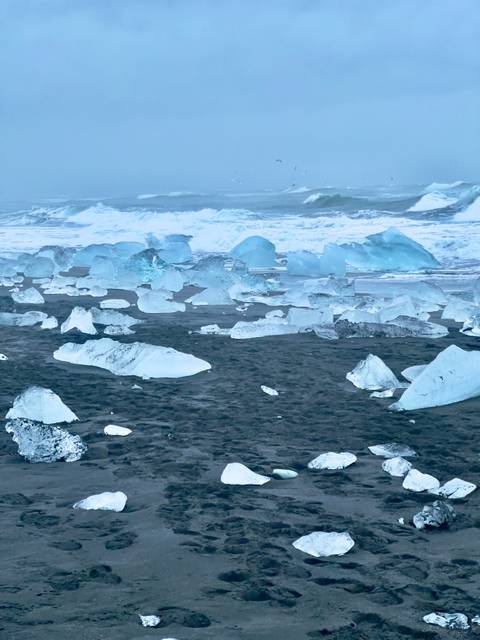       Large blue ice chunks scattered across a black sand shore with waves crashing behind.
  