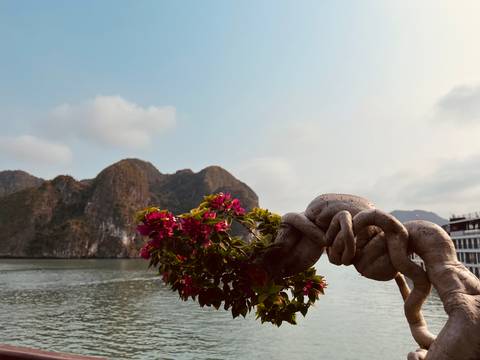       Bougainvillea flowers on a cruise deck with limestone karsts of Halong Bay beyond.
  