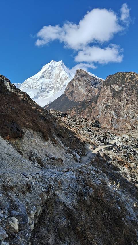       Rocky mountain trail leading toward massive glaciated peaks partially veiled by clouds.
  