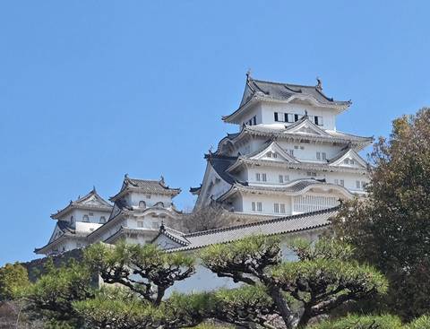       Immaculate white tiers and curved roofs of Himeji Castle rise majestically against a clear blue sky.
  