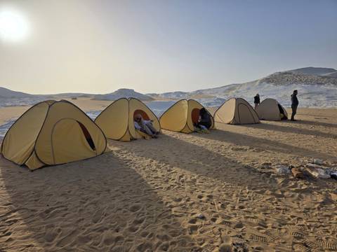       Row of yellow tents pitched on sandy desert with travelers relaxing at dawn
  