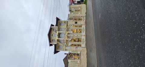       Ornate villa with elaborate golden metal gates and decorative murals stands on a suburban street.
  
