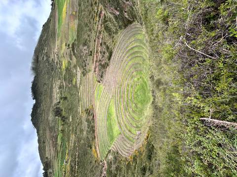       Wide view of the circular agricultural terraces of Moray set into a green hillside under a moody sky.
  