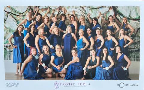       Large group of women dressed in matching blue dresses posing for a formal photo against an artistic backdrop.
  