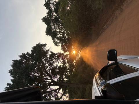       Safari jeep driving down a dusty red road at sunset with sunbeams shining through roadside trees.
  