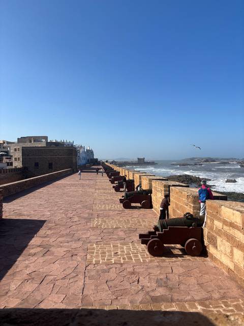       Stone ramparts with historic cannons facing the Atlantic Ocean at a coastal fort walkway.
  