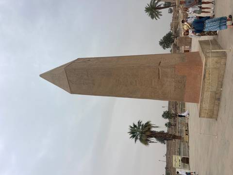       Tall ancient obelisk rises against a hazy sky with a lone palm tree nearby.
  