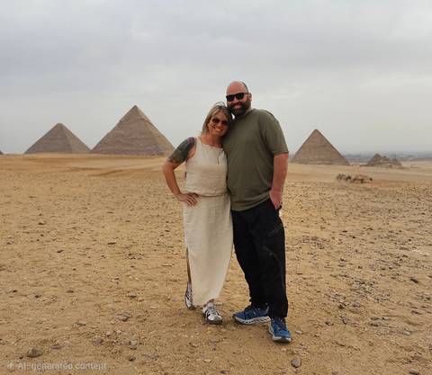       A smiling couple poses on sandy desert ground with three iconic pyramids rising behind them.
  