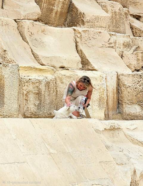       A traveller crouches to pet a stray white dog amid weathered limestone blocks of an ancient site.
  