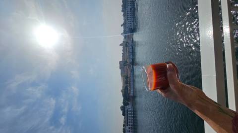       A hand raises a cocktail glass against bright sunlit skies over a calm river lined with cruise ships.
  