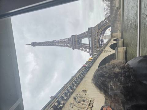       Side-angle view of the Eiffel Tower and bridge over the Seine with a tourist looking on.
  