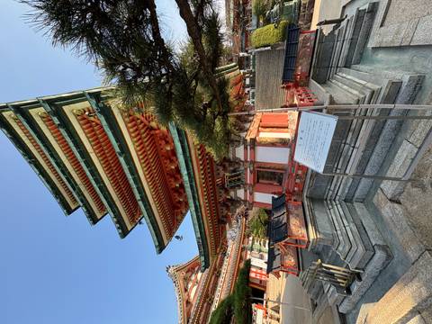       Multi-tiered pagoda with vivid green eaves and red beams rises sharply against a clear sky.
  