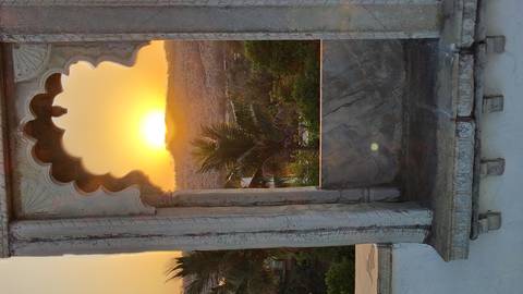       Golden sunrise seen through an ornate stone window frame with palm trees in the distance.
  