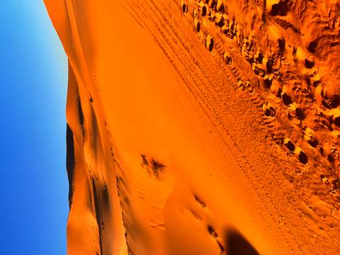       Close-up of rippled desert sand with vehicle tracks and rolling dunes under a bright blue sky.
  