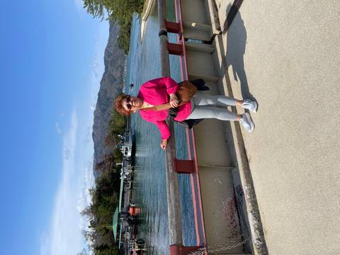       Woman stands on a bridge overlooking a tranquil bay with forested mountains in Japan.
  