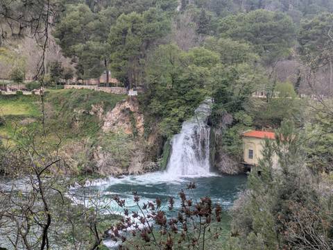       Gentle waterfall flowing into a turquoise pool surrounded by spring greenery.
  