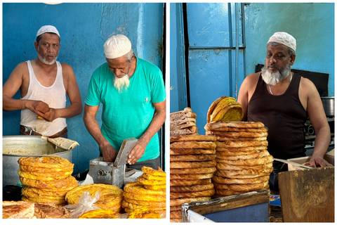       Split image of bakers preparing layered pastries in a blue-walled shop.
  