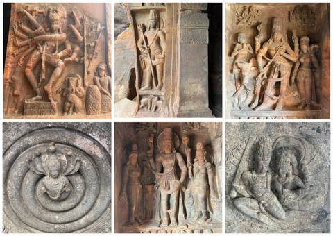       Grid of detailed stone carvings and deities from rock-cut cave temples.
  