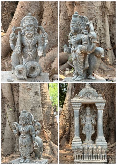       Compilation of small stone animal and deity statues under large trees.
  
